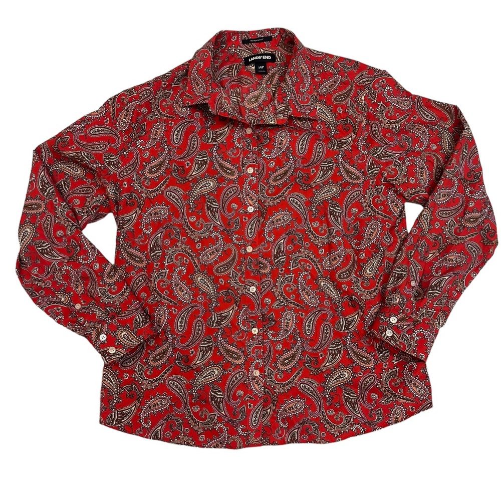 Lands' End Shirt Women 14 P Red Paisley Button Down Long Sleeve Supima No Iron